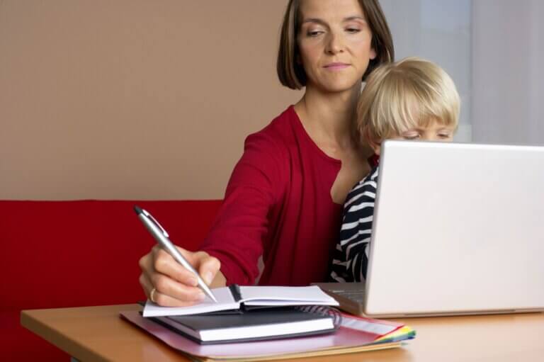 Mom working from home with toddler
